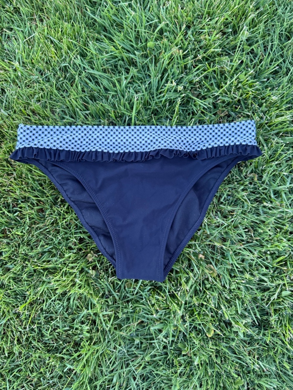 Turkiz Black Bikini Bottoms Blue Gingham Ruffle Trim Swim Bottoms Size 38